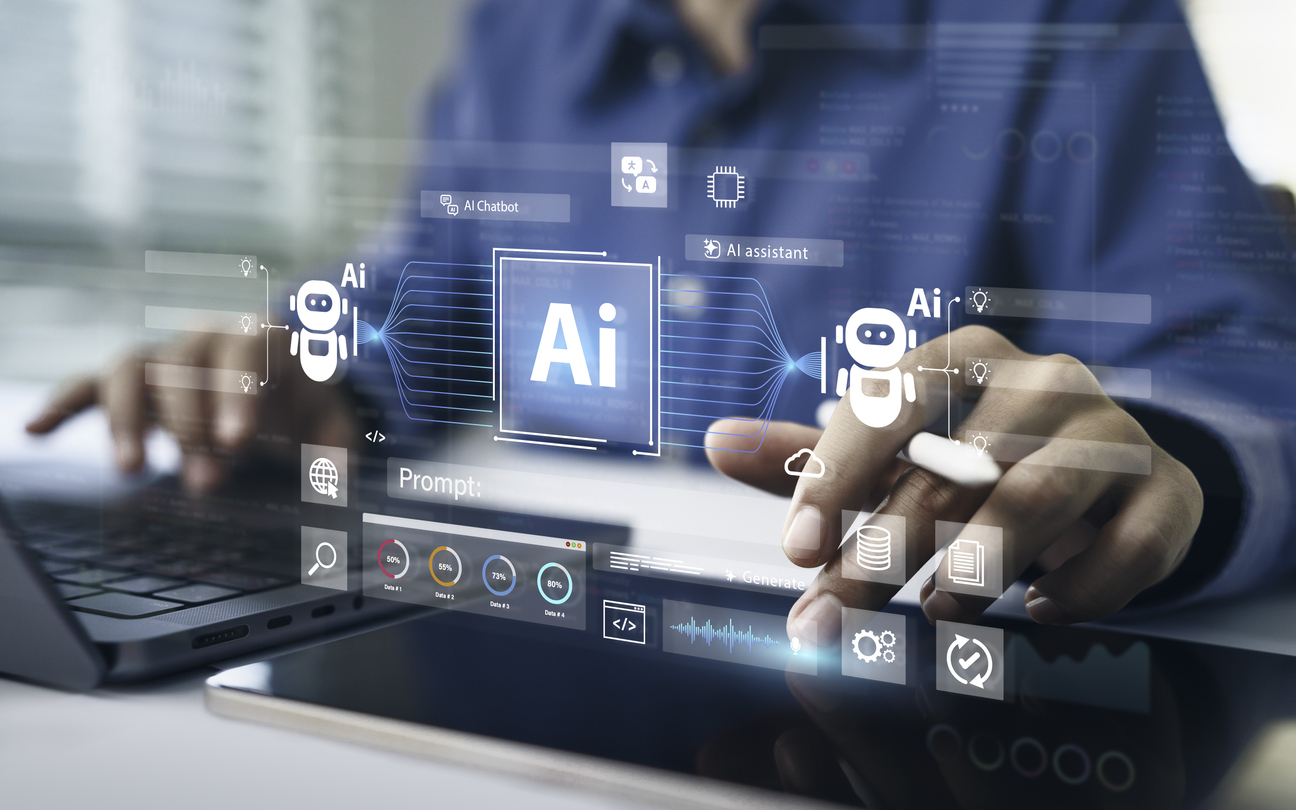 AI Artificial Intelligence technology for data analysis, research, planning, and work generate. Man uses a laptop and AI assistant dashboard. Technology smart robot AI agents and agentic workflows. AI